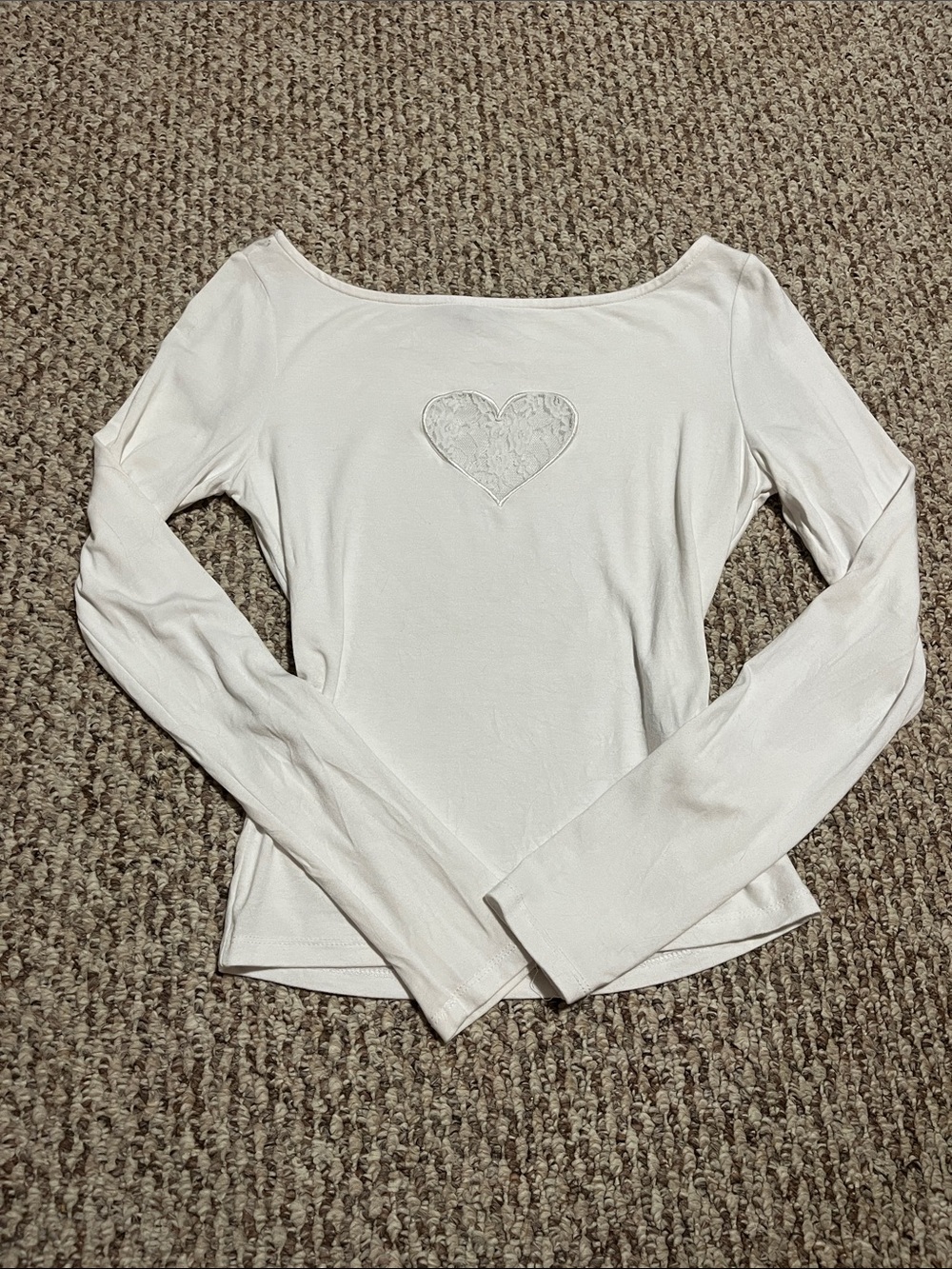 Forever 21 White Long Sleeve Scoop Neck Top with Lace Heart